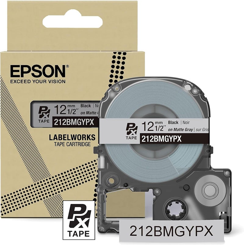 LABELWORKS Epson 212BMGYPX Genuine PET (Polyester) Tape Cartridge - Black on Matte Light Gray Designer Craft Label Maker Tape - 1/2" (12MM) Wide, 26' - Image 1